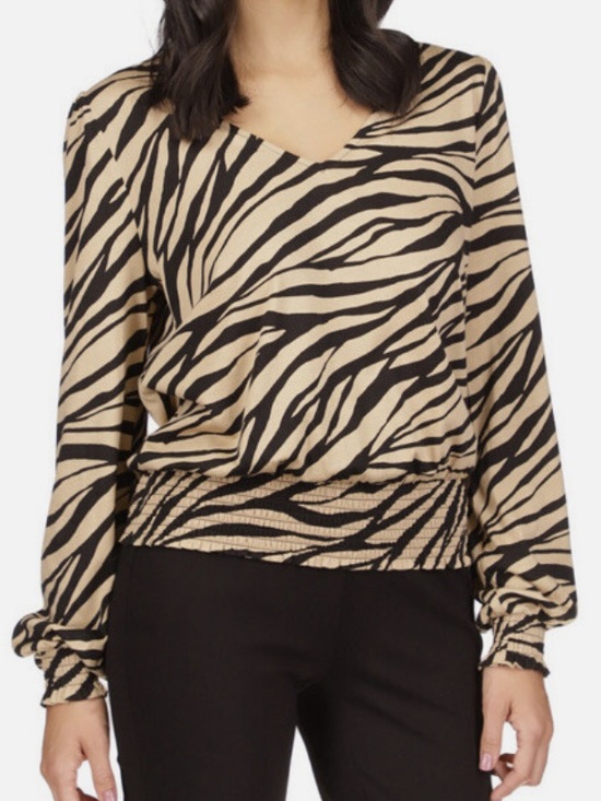MICHAEL Michael Kors Tops - MICHAEL KORS Long Sleeve Tan & Black Zebra Print Smocked Waist Top--NWT--PL